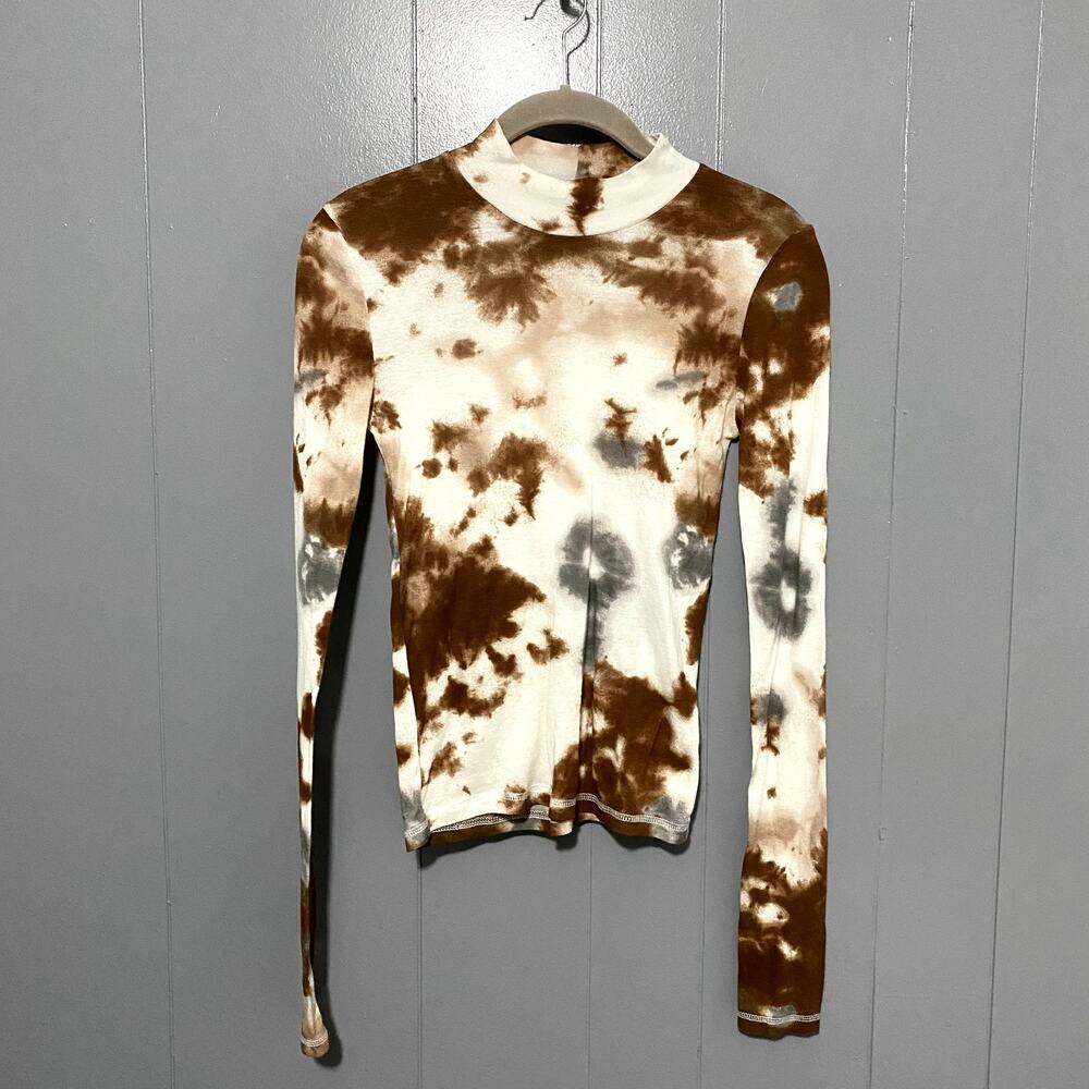 Zara Brown Tie Dye Thin Mock Neck Long Sleeve Boho Western Fitted Top M